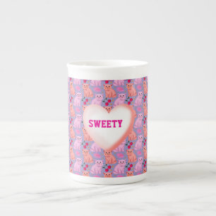 Taza De Porcelana Patrón Floral de Cereza de Gato Lindo Personalizad