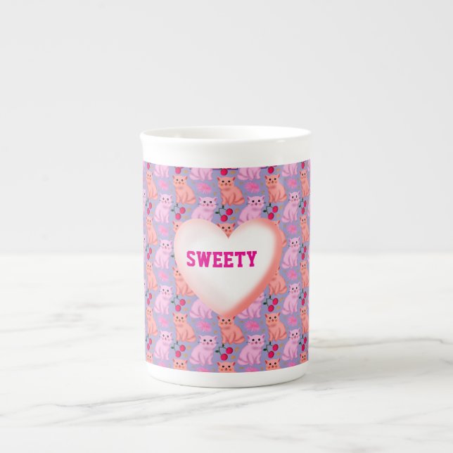 Taza De Porcelana Patrón Floral de Cereza de Gato Lindo Personalizad (Frente)