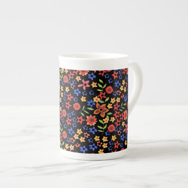 Taza De Porcelana Patrón floral retro de moda en negro (Derecha)