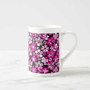 Taza De Porcelana Patrón floral rosa gris blanco negro