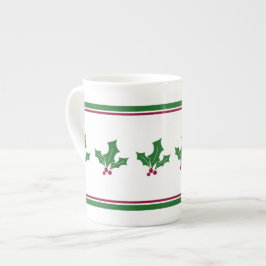 Taza De Porcelana Patrón Holly Berries, trazo rojo y verde