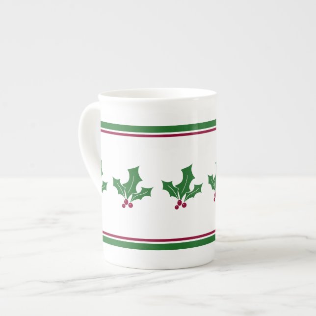 Taza De Porcelana Patrón Holly Berries, trazo rojo y verde (Izquierda)