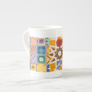 Taza De Porcelana Patrón mosaico de zellij azul y amarillo
