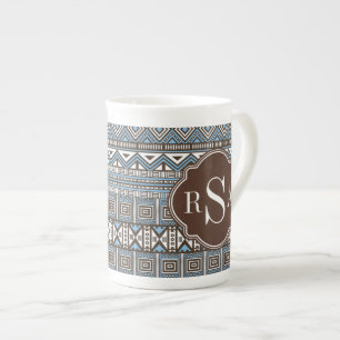Taza De Porcelana Patrón tribal de Blue Brown monogramado