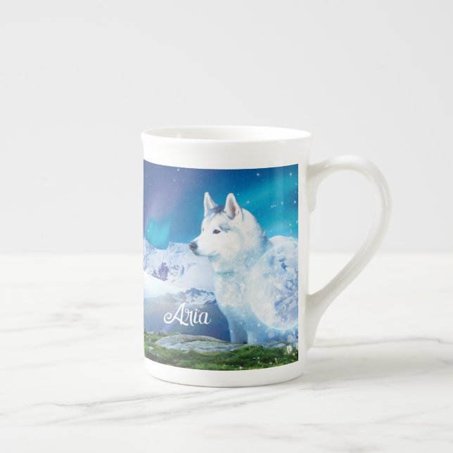 Taza De Porcelana Perro Husky personalizado con montañas (Derecha)