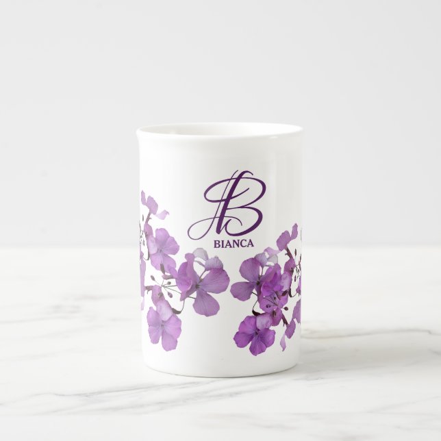 Taza De Porcelana Personalizable B nombre monograma flores púrpura c (Frente)