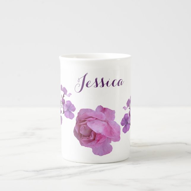 Taza De Porcelana Personalizable Jessica nombre rosa púrpura floral (Frente)