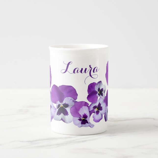 Taza De Porcelana Personalizable Laura nombre bonito morado pansy fl (Frente)
