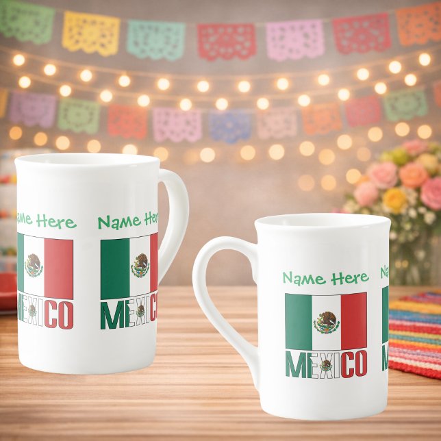 Taza De Porcelana Personalized Mexico Flag Name Design (Personalized bone china mug. Design on 3 sides. Mexican Flag, MEXICO in flag colors. Name above.)