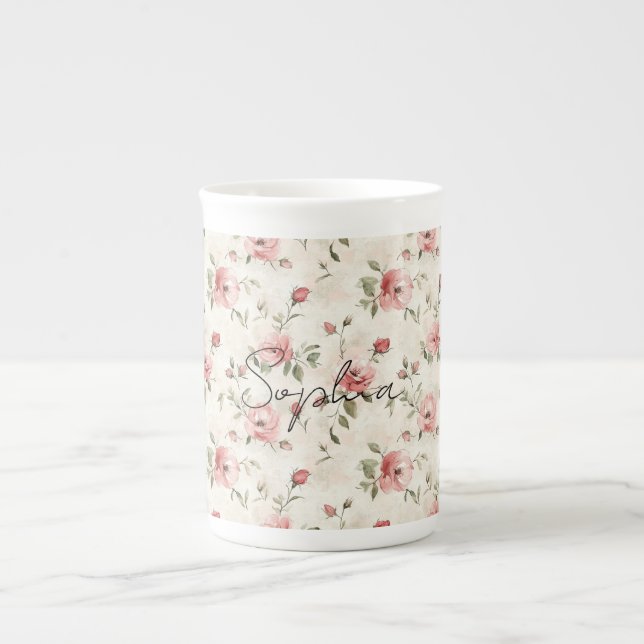 Taza De Porcelana Pink Roses Floral  (Frente)