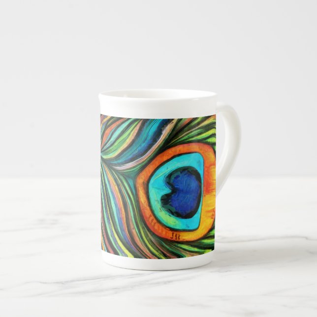 Taza De Porcelana Pintura de plumas de pólvora de pavo real (Derecha)