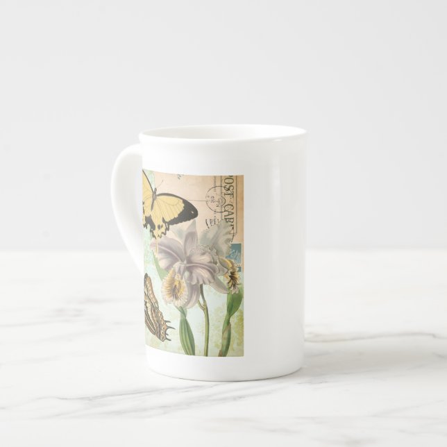Taza De Porcelana Postales antiguas con mariposas y flores (Izquierda)