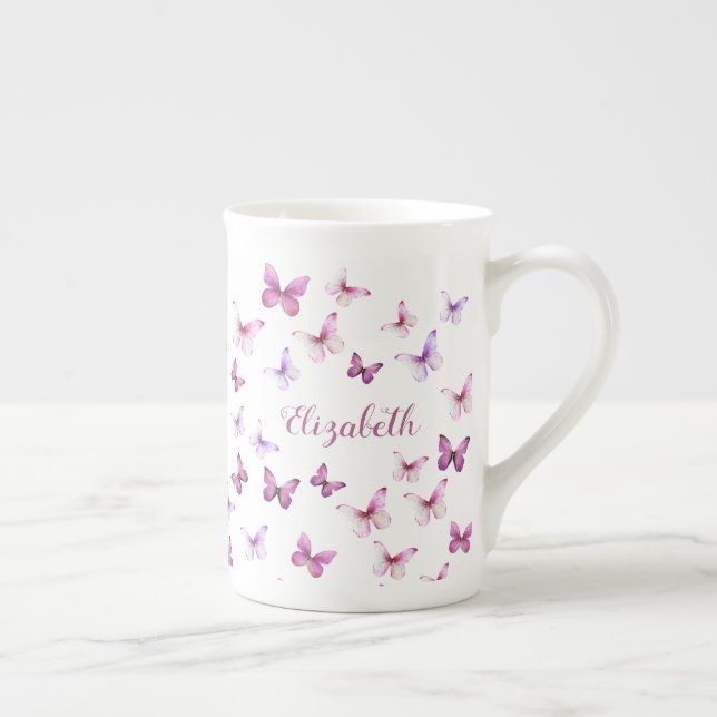 Taza De Porcelana Pretty Pink Butterflies Custom Name (Derecha)