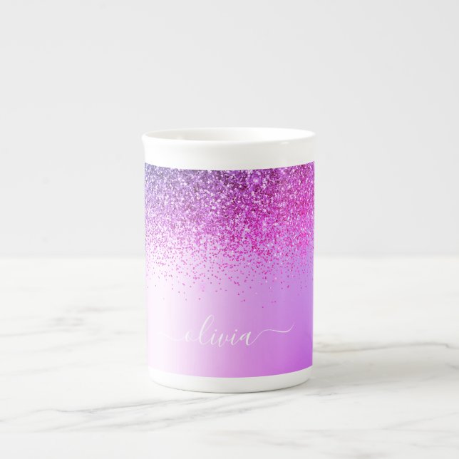 Taza De Porcelana Purpurina de monograma púrpura Sparkle Girly Scrip (Frente)