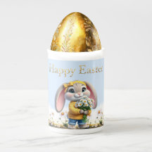 Rabbit pink ears white daisies Happy Easter