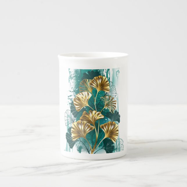 Taza De Porcelana Rama con hojas doradas Ginko Biloba (Frente)