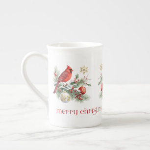 Taza De Porcelana Ramo de Navidad de Acebo con Cardenal Rojo