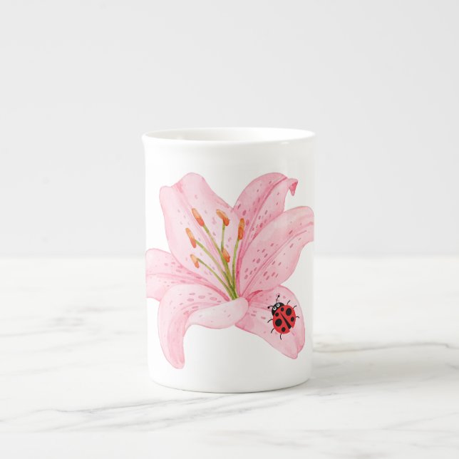 Taza De Porcelana Red Ladybug rosa Lily Flower chica de nombre de ni (Frente)