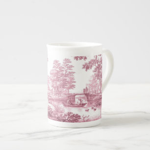 Taza De Porcelana Red Toile French Pastoral Bridge Bote Vintage