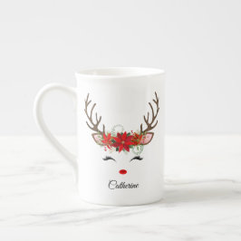 Taza De Porcelana Reno de Navidad Floral con Nombre Personalizado