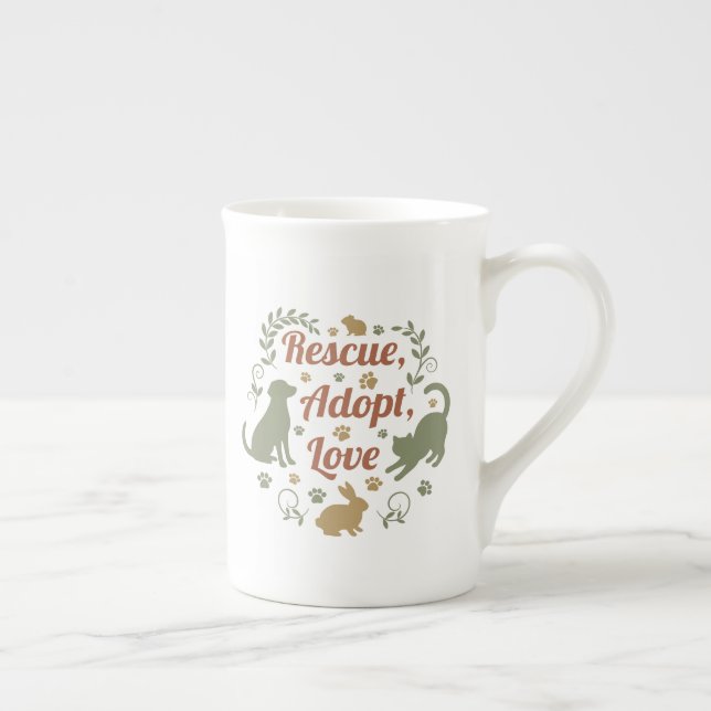 Taza De Porcelana Rescue, Adopt, Love (Derecha)