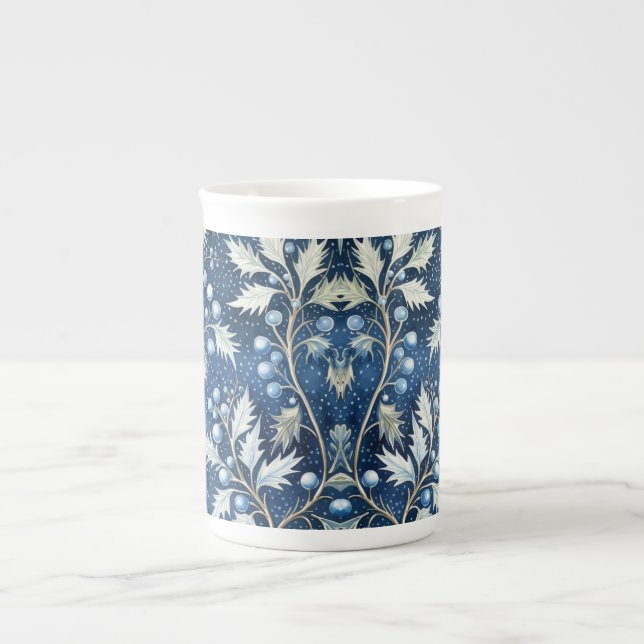 Taza De Porcelana Resumen Floral Navidad azul y plateado (Frente)