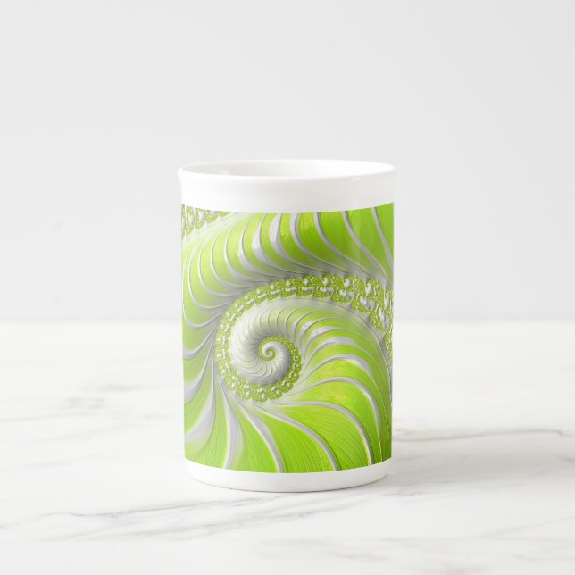Taza De Porcelana Resumen fractal de espiral verde limón moderno (Frente)