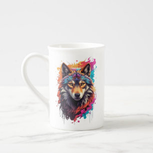 Taza De Porcelana Retrato de Lobo Colorido Arte Animal Abstracto-876