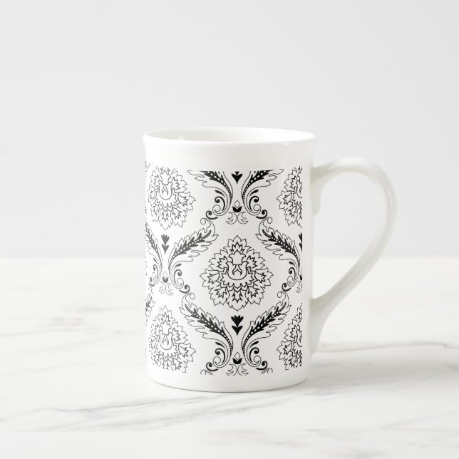 Taza De Porcelana Rococo Damask Line Pattern Black on White (Derecha)