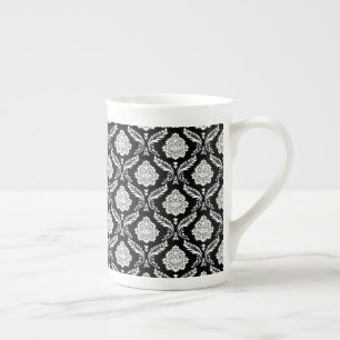 Taza De Porcelana Rococo Damask Patrón Pequeño Blanco sobre Negro