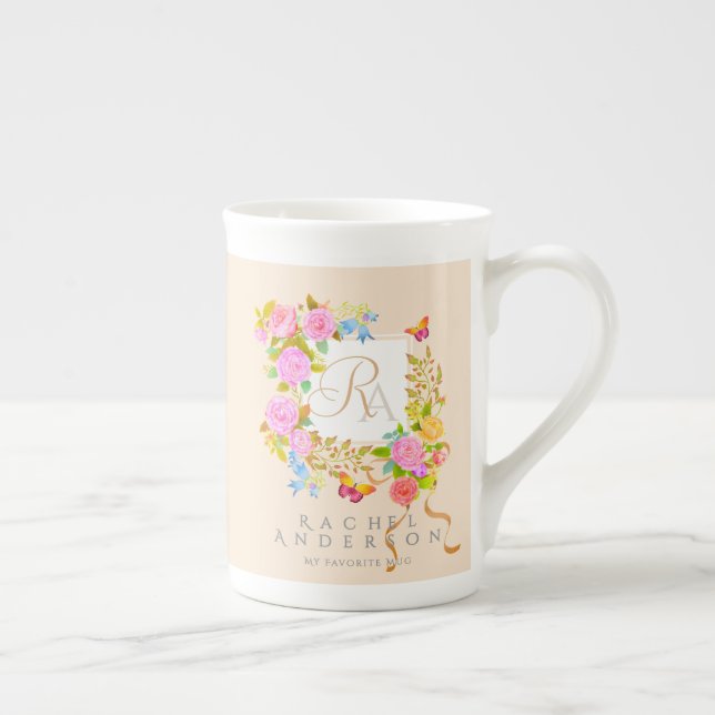 Taza De Porcelana Romantics Blooming Garden Monograma Beige (Derecha)