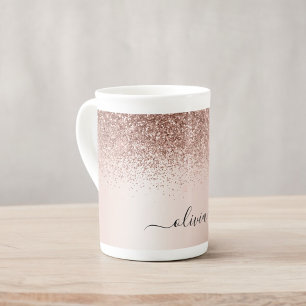 Taza De Porcelana Rosa Dorado - Glitter Rosa Claro Monograma Nombre 