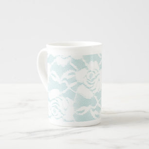 Taza De Porcelana Rosas Florales de Encaje Azul Menta Blanco