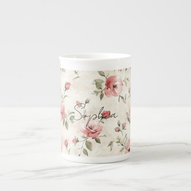 Taza De Porcelana Rosas Florales Rosadas Marfil Desvanecido   (Frente)