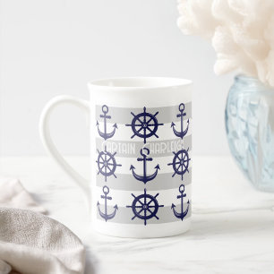 Taza De Porcelana Rueda de barco ancla personalizada rayada náutica
