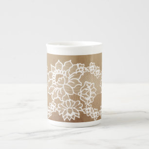 Taza De Porcelana Rustico país vintage beige arpillera y encaje blan