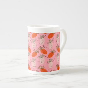 Taza De Porcelana Strawberries Patrón de Fruta de Doodle Blanco Rosa