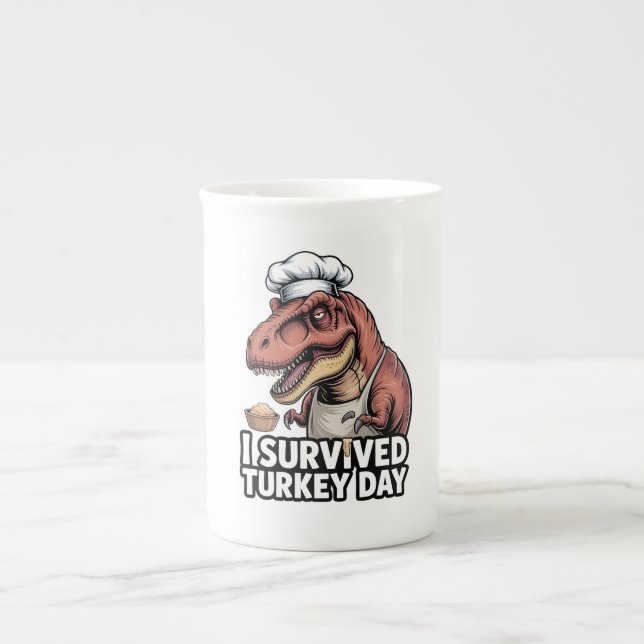 Taza De Porcelana T-Rex I Survived Turkey Day Chef  (Frente)
