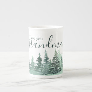 Taza De Porcelana Te Amo Abuela Acuarela Bosque Invernal Verde