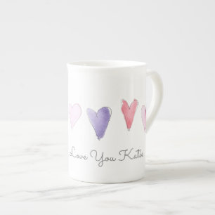 Taza De Porcelana Te encanta NOMBRAR Watercolor Corazones dulces Val