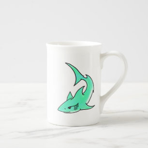 Taza De Porcelana tiburón sonriente de dibujos animados azul verde m