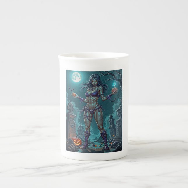 Taza De Porcelana Trato de Halloween o Novia Zombie con cerebros (Frente)