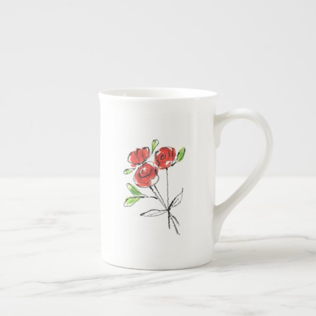 Taza De Porcelana Tres Rosas Rojas Bouquet | Hueso chino Mug (Derecha)
