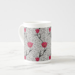 Taza De Porcelana Tulip Damasco de Art Nouveau, gris y rojo