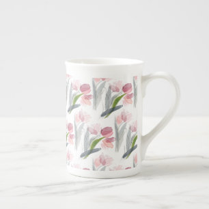 Taza De Porcelana Tulipanes rosados elegantes con hojas verde salvia