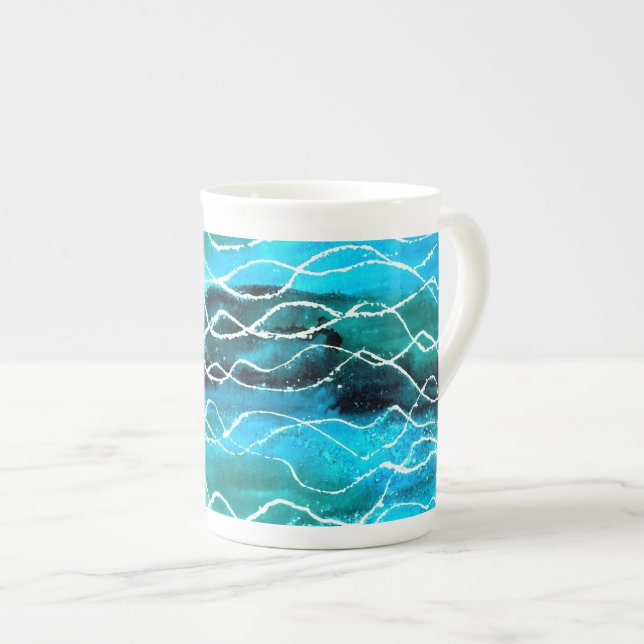 Taza De Porcelana Turquesa, negro, blanco 'Ondas' hueso China Mug (Derecha)