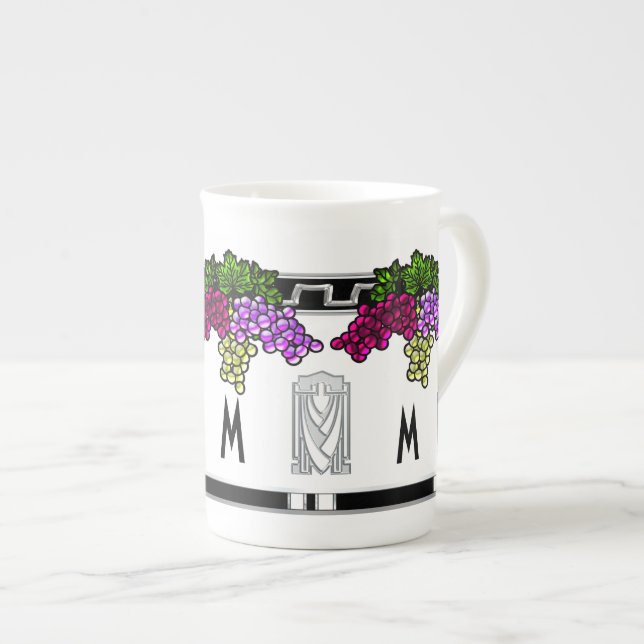 Taza De Porcelana Uvas Art Deco - Monogramadas (Hueso China Mug) (Derecha)