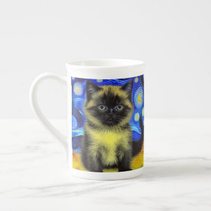 Taza De Porcelana Van Gogh Starry Night Siamese Cat