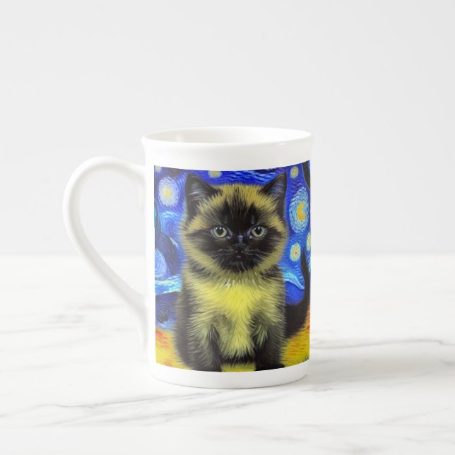 Taza De Porcelana Van Gogh Starry Night Siamese Cat (Izquierda)