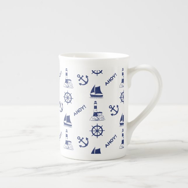 Taza De Porcelana Vela Patrón ilustrativo Marina Azul+Blanco (Derecha)
